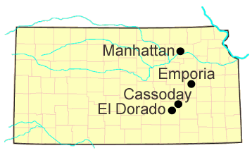 Jim Hoy Kansas Map; Manhattan, Emporia, Cassoday, El Dorado